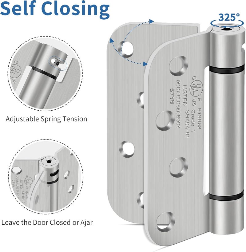 IOQ 4 Inch Self Closing Door Hinges, 5/8" Radius Corners Spring Loaded Hinges for Exterior, Garage, Front and Back Door, UL Listed, for Left and Right Hand Door, Brushed Nickel, 4 Pack - Image 4
